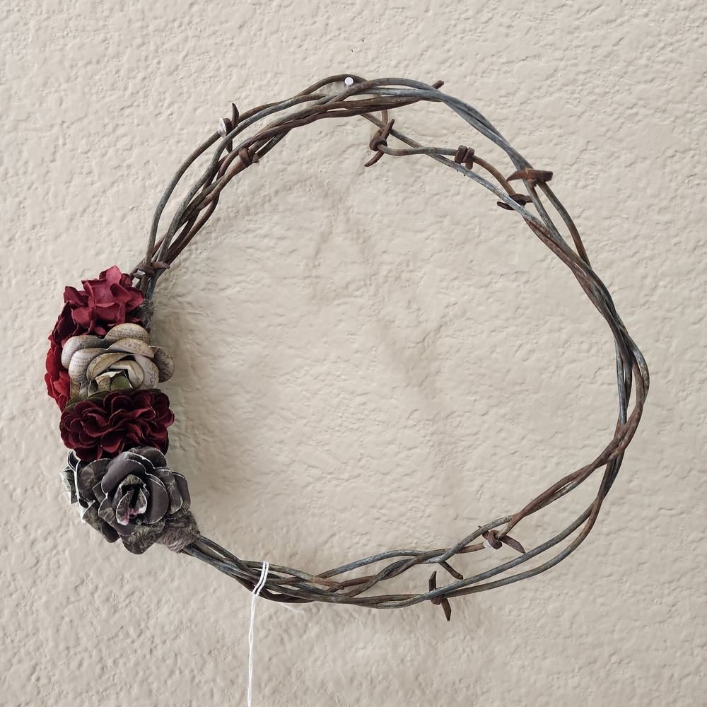 Rustic Floral Wreath with Red and Gray Accent Flowers
